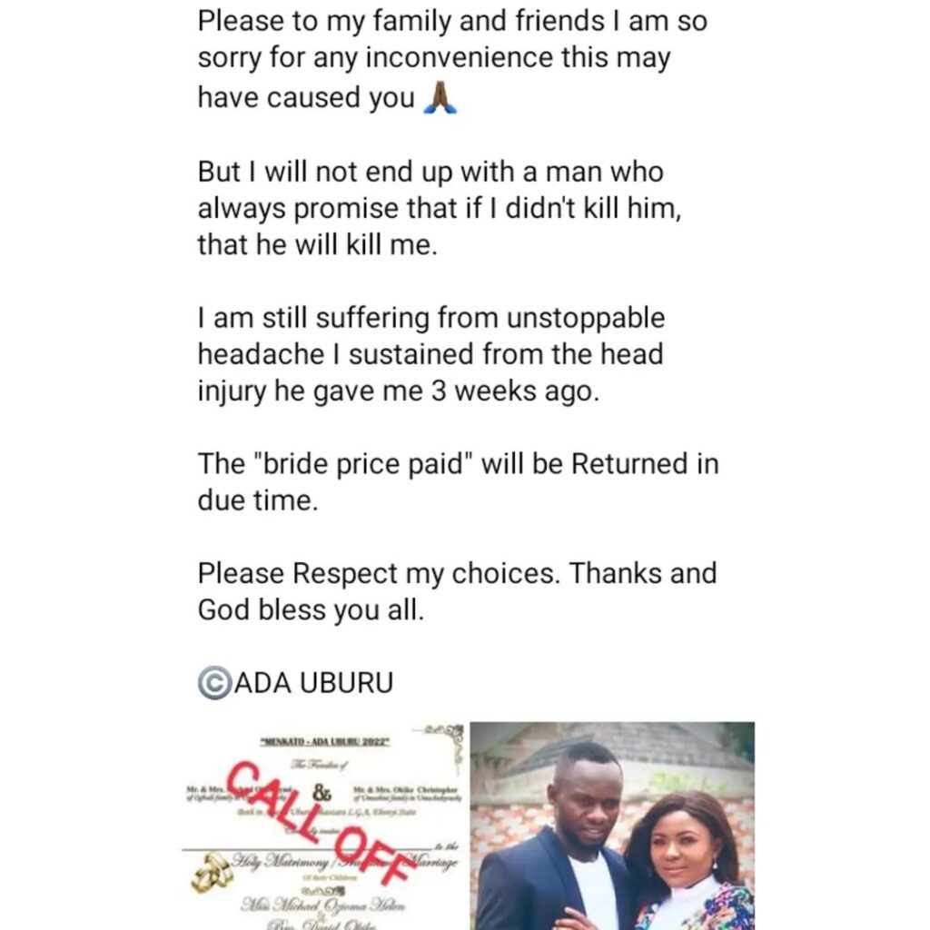Lady Calls Off her Wedding Three Days Before, Due To Domestic Violence