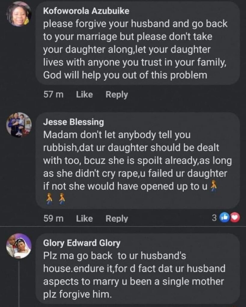 "Send your daughter away and forgive your husband" Nigerian Women Give Shocking Advice to a Woman Whose Husband Raped Their Daughter.