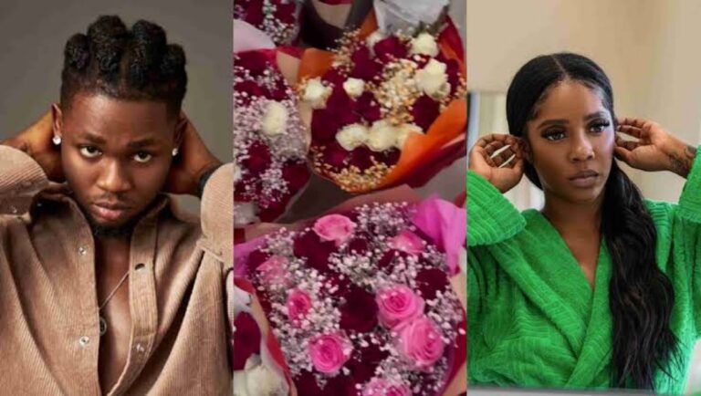 Nigerian Singer, Omah Lay(25) confesses love for Tiwa Savage(43), sends her bouquets of flowers